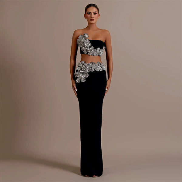 Two Pieces Sets Sexy Beading Strapless Top Long Skirt Women Bodycon Clothing Elegant Party Bandage Sets