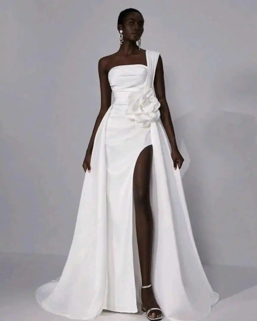 Vintage One Shoulder Satin Wedding Dress Elegant Side Split Bridal Dress With Detachable Train Customized vestidos de novia