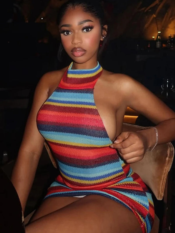 Stripe Patchwork Mini Dress Woman Bandage Halter Off Shoulder Backless Skinny Peach Hip Hot Girls Street Fashion Bodycon