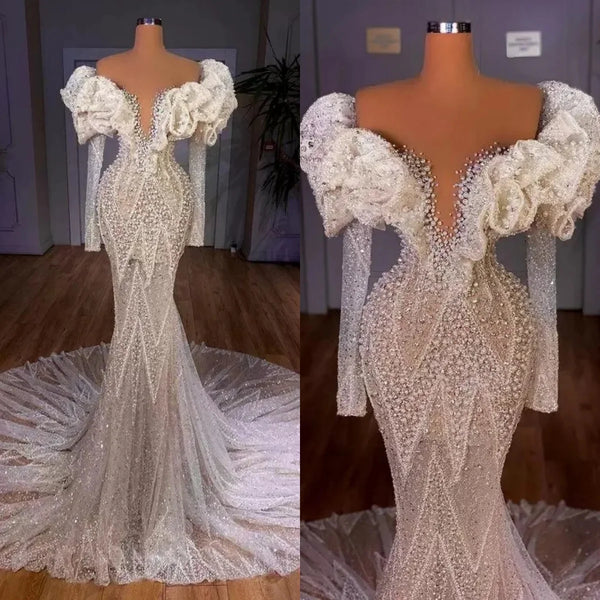 Luxury Mermaid Wedding Dresses Pearls Sequins Off Shoulder Bride Dress Long Sleeve Pleats Sweep Train Bridal Dress Customized