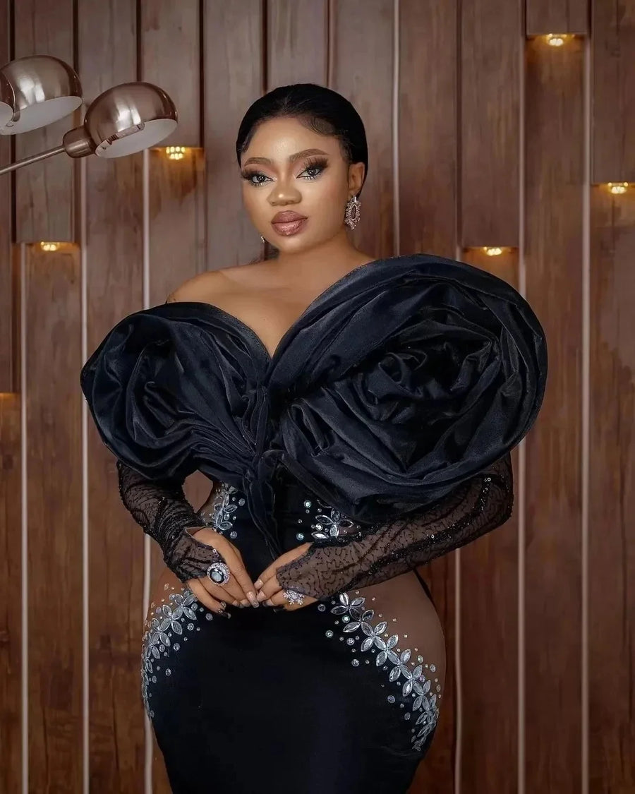 Chic Ruched 3D Floral Long Sleeves Beaded Aso Ebi Formal Dress Black Women Evening Party Gown  African Black Mermaid Prom Dress