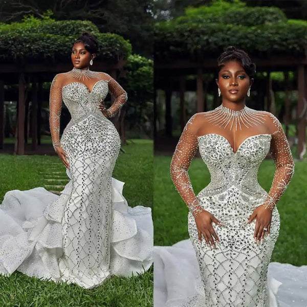 Luxury Mermaid Wedding Dress O Neck Long Sleeve Crystal Beaded Bride Gowns Tiered Sweep Train Tulle Bridal Dresses Customized