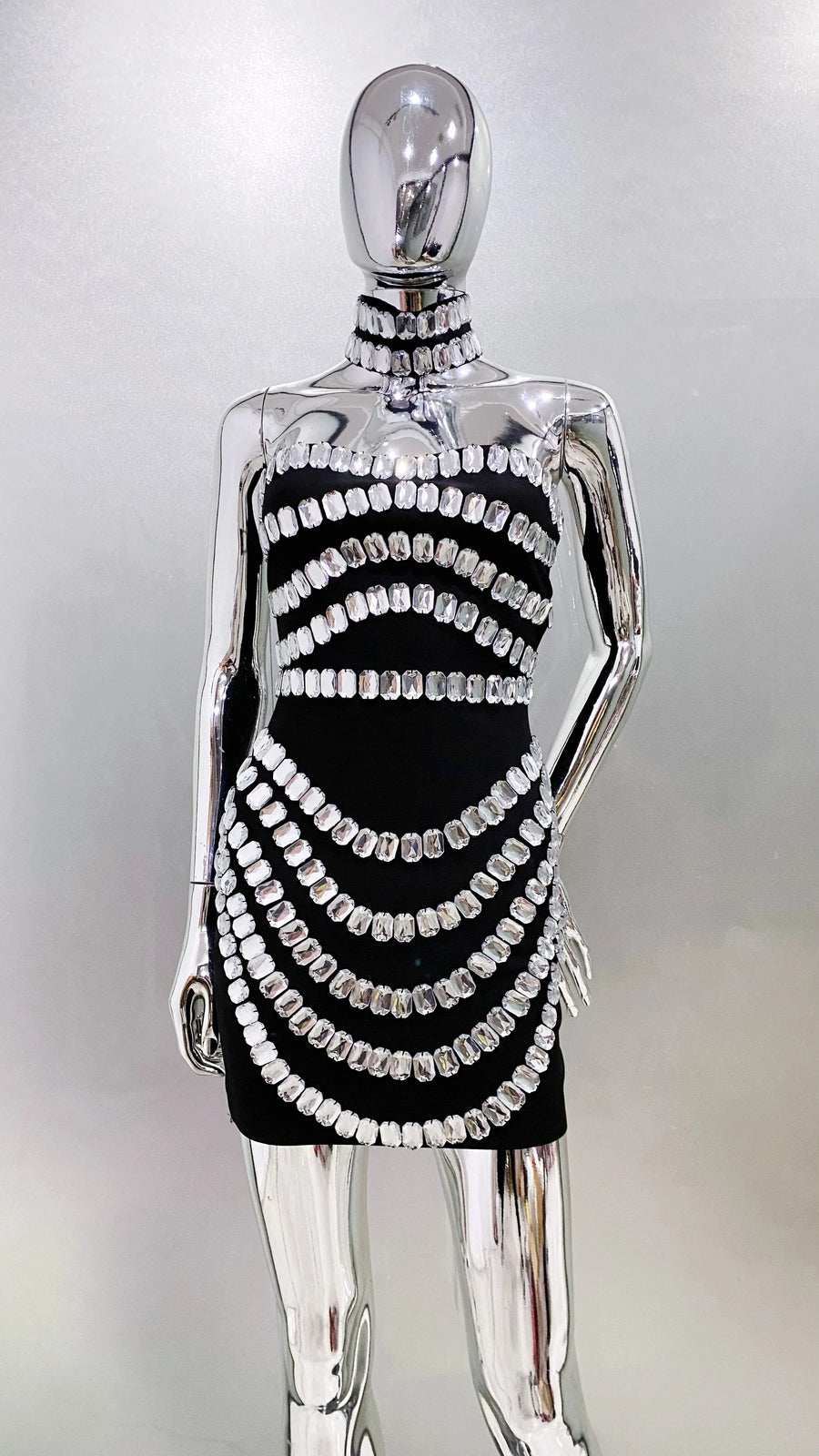 Big Crystal Women Sexy Strapless Bodycon Mini Bandage Dress Necklace Celebrate Nightclub Party Photo Shoot Wear
