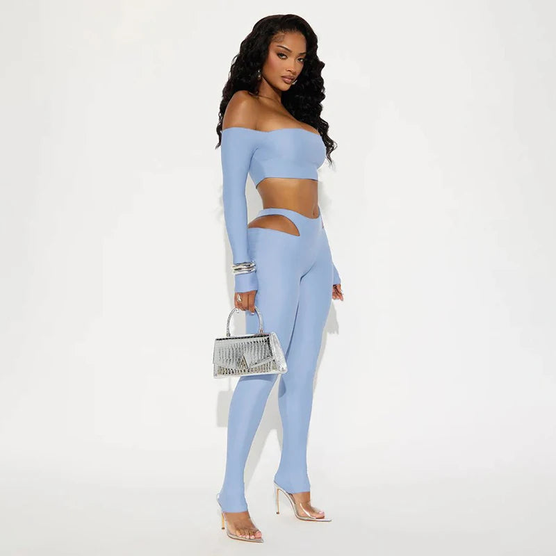 Tight Women 2 Piece Set Slash Neck Crop Tops+High-Waist Hollow Leggings Matching Streetwear Casual Sporty Outfits