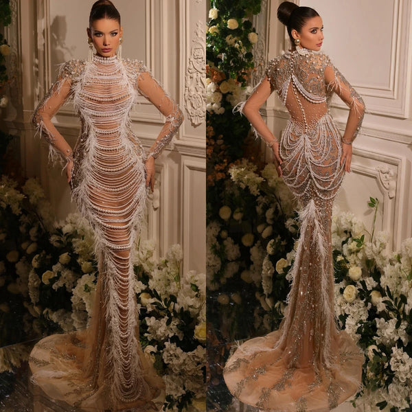 Pearls Luxurious Mermaid Bridal Gowns Feathers Lace Beaded Wedding Dress Customized Lace Crystals Illusion Vestido de novia
