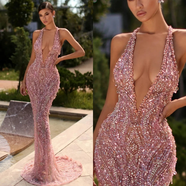 Luxury Halter Sequined Evening Dresses Sexy Sleeveless Beaded Mermaid Prom Dress Customized Floor Length Pearls Party Gown