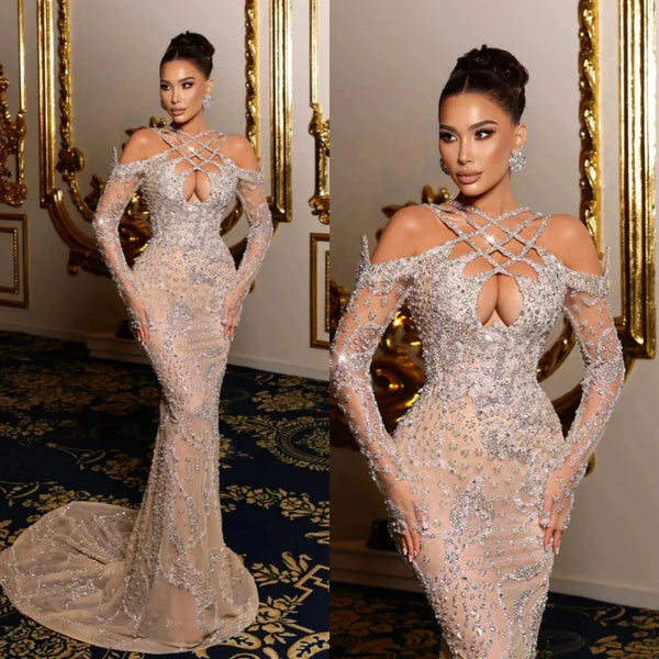 Gorgeous Sequined Beading Prom Dresses Elegant Off The Shoulder Evening Dress Sweep Train Beaded Party Gown Customized