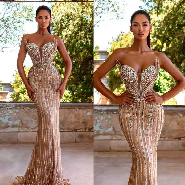 Gorgeous Crystal Strapless Prom Dresses Elegant Sequins Beading Evening Dress Sleeveless Floor Length Party Gown Customized