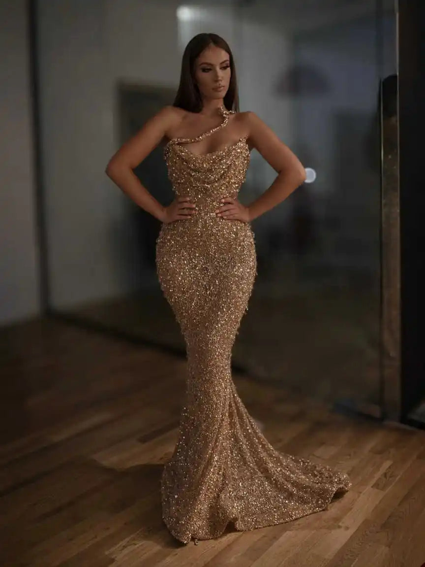 Sparkly Mermaid Evening Dress Sequined Beaded Strapless Prom Gowns Sheath Sleeveless Floor-Length Party Dresses Customized