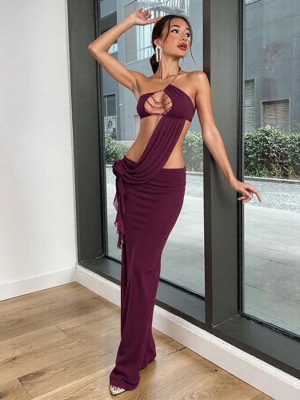 Birthday Party Dress Women Sexy Patchwork Hollow Side Flowers Chest Wrap Pearl Chain Halter Backless Stretch Vestidos