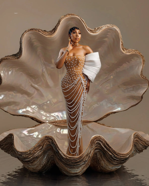 Amazing Luxury Pearls Long Straight African Formal Party Dresses With Lace Up Back Handmade Women Dress
