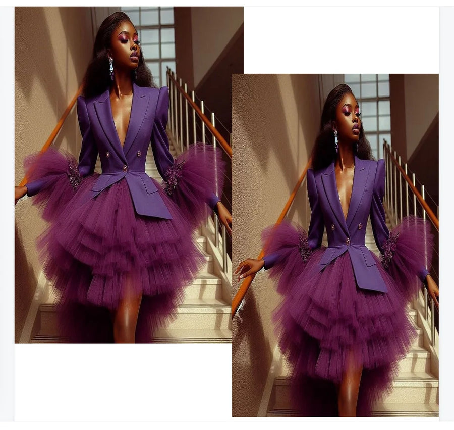 Purple Women Suit 1 Pcs Long Blazer Prom Dress Puffy Tulle Formal Office Lady Jacket Customized Wedding Tuxedos Guest Coat