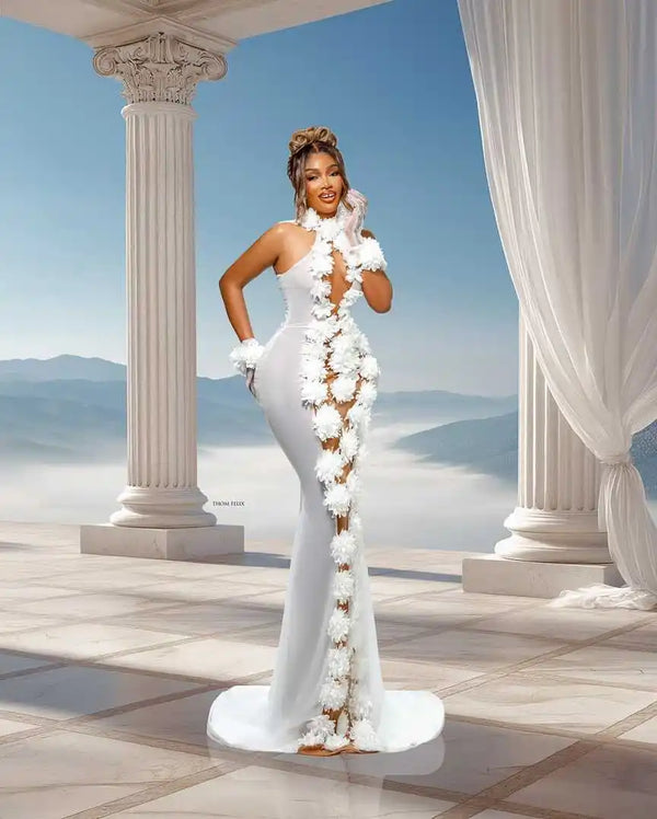 Arabia Mermaid Wedding Dresses Illusion Hand Made Flowers Sexy Bridal Gowns For Women Formal  Bride Dress Customized