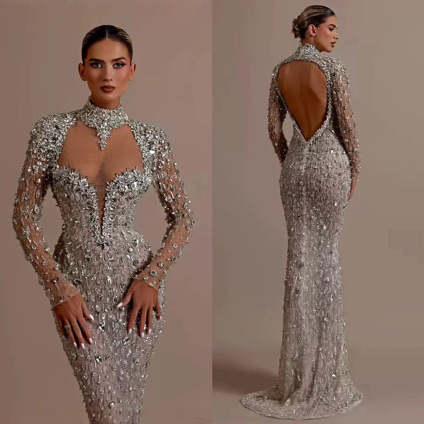 Luxurious Crystal Evening Dresses Customized Sexy Beaded Full Sleeve Prom Dress Rhinestones Floor Length Backless Party Gown