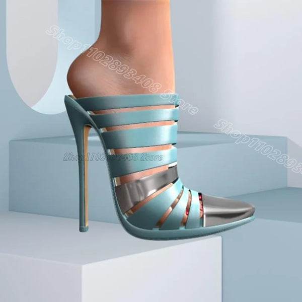 Blue Splicing Slingback Slippers Pointed Toe Stiletto Fashion British Style Women Summer Casual Slippers Zapatos Para Mujere