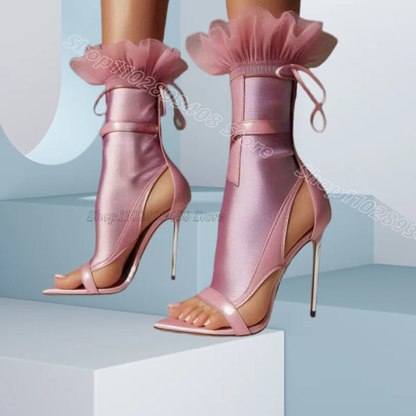 Pink Lace Trim Elastic Sandal Boots Open Toe British Style Summer Women Hollow New Fashion Party Shoes 2025 Zapatos Para Mujere