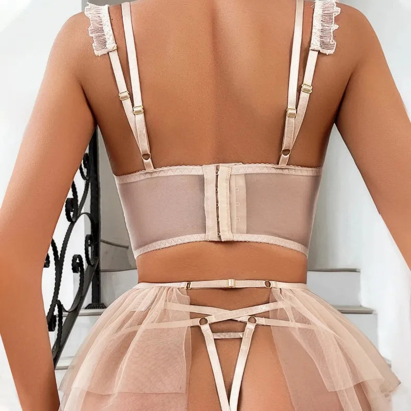 Diamond Embroidery Sexy Strappy Mesh Tutu Skirt Lingerie Set Push Up Bra Hot Girl Underwear Luxury Support Underwear