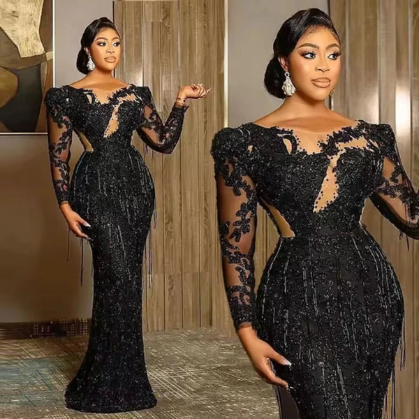 New Luxurious Mermaid Black Women's Evening Dress Jewelry Neck Lace Decal Crystal Tassel Party Sexy Ball Dress
