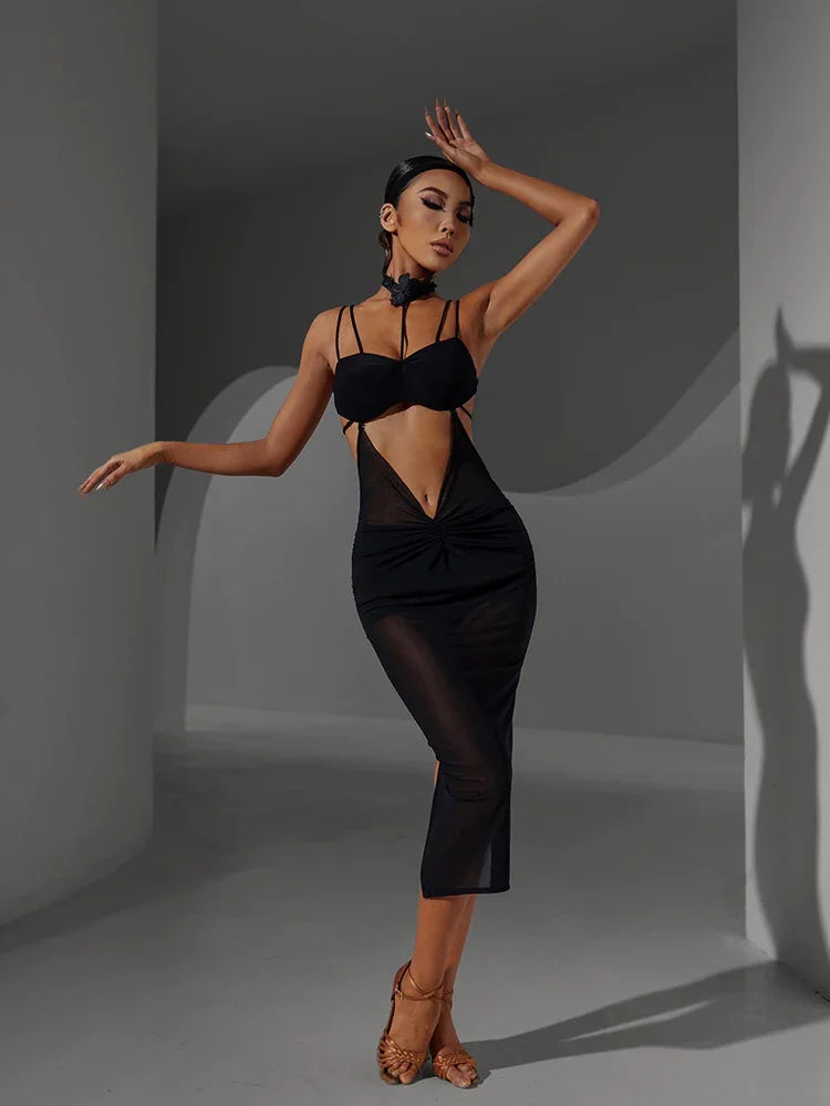 Latin Dance Mesh Dress Women with Sexy Lace Flower Neckline Seethrough Fabric Night Of Polar Day Dress #2307