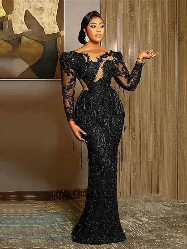 New Luxurious Mermaid Black Women's Evening Dress Jewelry Neck Lace Decal Crystal Tassel Party Sexy Ball Dress