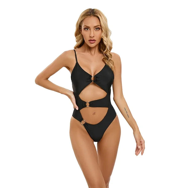 Solid Color Sexy One-Piece Swimsuit Woman 2024  High Waisted Hollow Out Bikini Swimwear for Hot Springs and Beach Vacations Wear