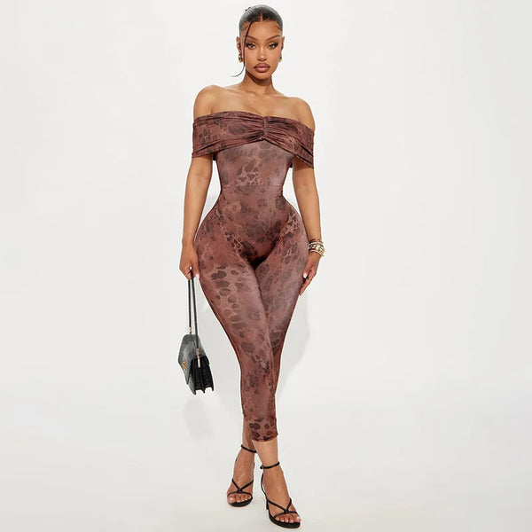Sexy Leopard Print Bodycon Jumpsuits Woman Off Showlder Backless Ruched Patchwork Rompers Female Streetwear Overalls