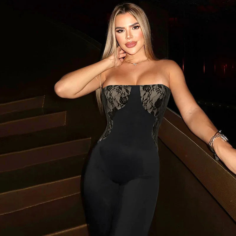 Women Elegant Sexy Lace Patchwork Flare Jumpsuits French Style Sleeveless Grommet Lace Up Backless Boot Cut One Piece Overalls