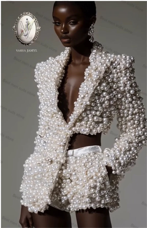 Luxury Full Pearls Women Suit Set 2 Piece Sexy Blazer+Short Pants Formal Office Jacket Customized Wedding Coat (No Back Pearls)