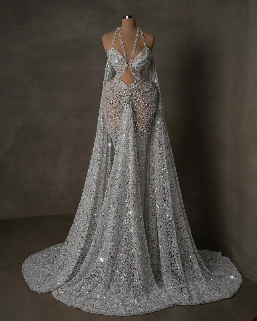 Sparkly Sleeveless Prom Dresses Elegant Sequins Beaded Evening Dress Pearls Floor Length Celebrity Party Gown Customized