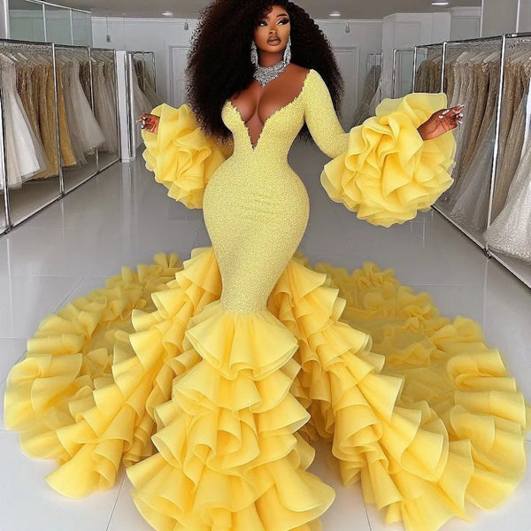 Chic Long Sleeves Evening Dresses With Puffy  Long robes de soirée Tiered African Women Prom Dress Formal Occasion Gowns