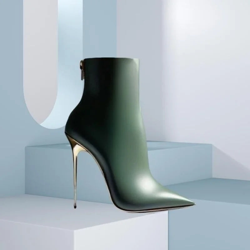 Green Hollow Pointed Toe Short Boots Stiletto Back Zipper British Style Women Stylish Dress Boots 2025 Zapatos Para Mujere