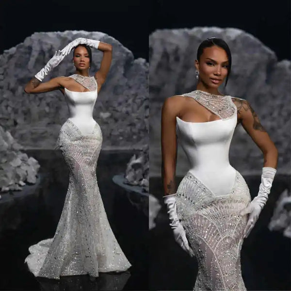 Simple One Shoulder Beaded Mermaid Wedding Dress Elegant Sequined Sleeveless Bridal Gown Sweep Floor Bride Dresses Customized
