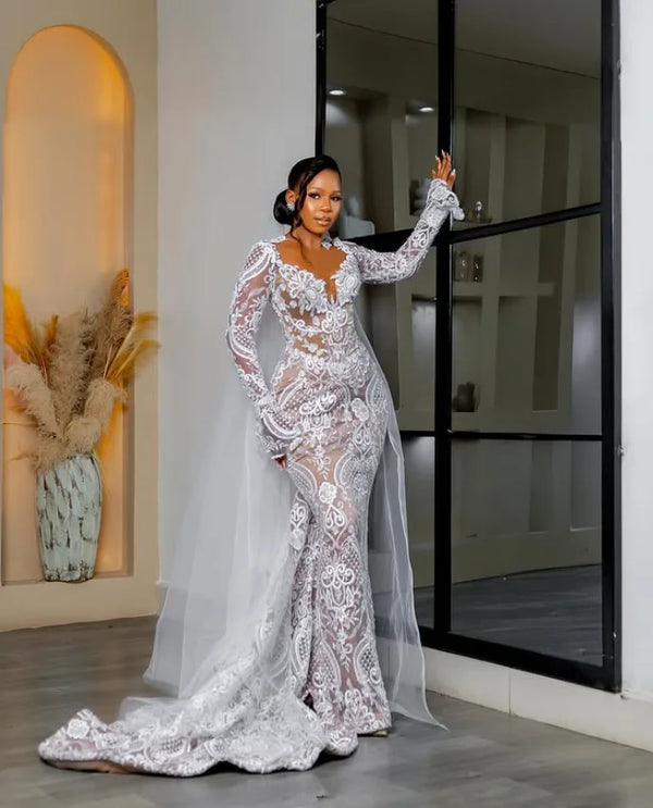 Skin Mermaid African Wedding Dresses Long Sleeve Lace Applique Customsized Garden Beach Bridal Gown Garment