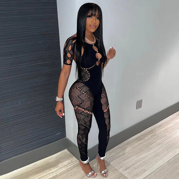 Sexy Knitted Hollow Out One Piece Pajama Tight Seductive Jumpsuit Women Elastic Slim Pencil Pants Party Night Clubwear