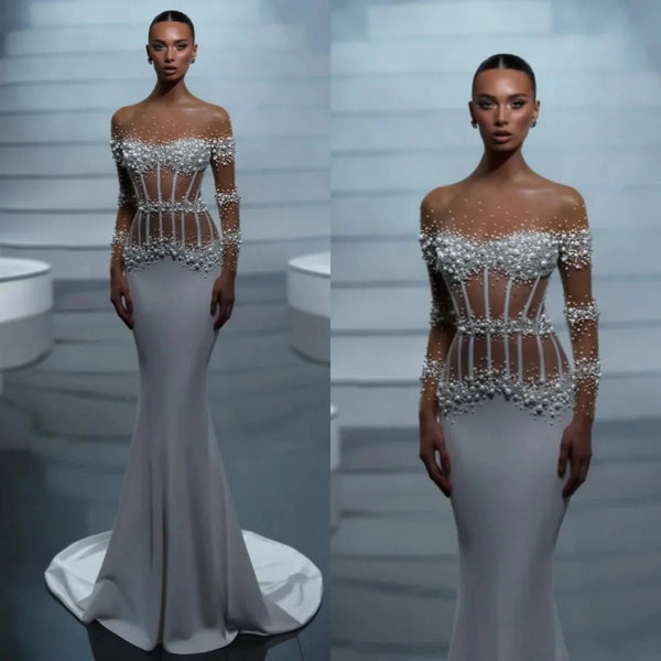 Elegant Pearls Beads Wedding Dresses Sexy Full Sleeve Wedding Dress Floor Length Satin Customized Bridal Gowns