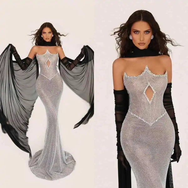 Vintage Strapless Beaded Evening Dresses Sexy Sleeveless Sequined Mermaid Prom Dress Customized Floor Length Crystal Party Gown