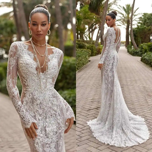 Sexy V Neck Mermaid Wedding Dresses Sequins Long Sleeve Bride Dress Sheath Lace Floor Length Bridal Dress Customized