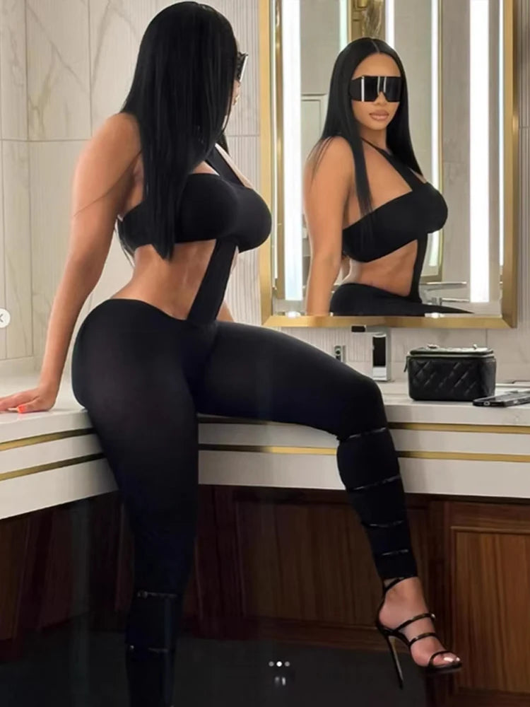 Sexy Backless Jumpsuit Women Halter Sleeveless Waistless Skinny Stretch Midnight Clubwear Fitness Activity Clubwear