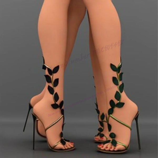 Leaf Decor Twine Sandals T-strap Open Toe Shoes for Women Cut Heel Thin High Heels Sexy Summer Shoes 2025 Zapatos Para Mujere