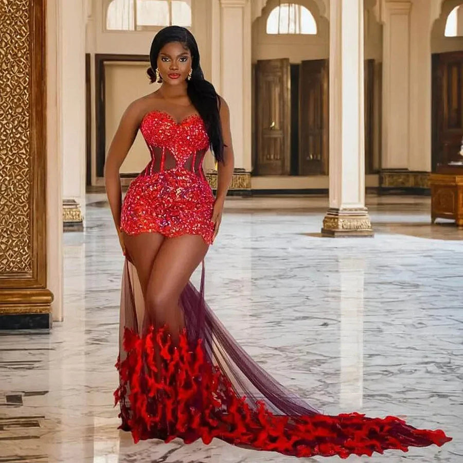 Aso Ebi Evening Dress Exposed Boning Birthday Party Gowns Sexy See Through Mermaid Prom Dresses Scoop Beads Appliques Feathers