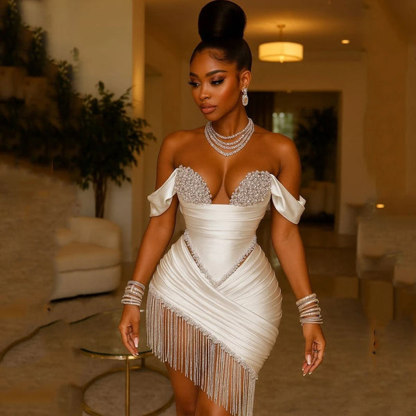 Short Cocktail Dresses for Women Off Shoulder Corset Mini Tassel Crystal Pearls After Wedding Party Gowns Customized