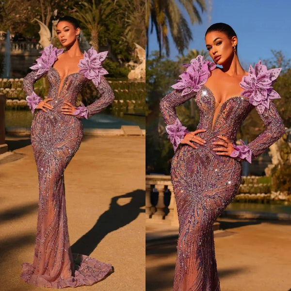 Exquisite V Neck Sequins Prom Dresses Sexy Long Sleeve Appliques Evening Dress Customized Floor Length Party Gown