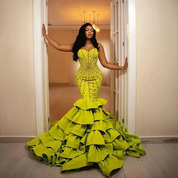 Cascading Train Sweetheart Crystals Formal Occasion Dress Green vestidos para mujer with Stunning Beading Mermaid Prom Dresses
