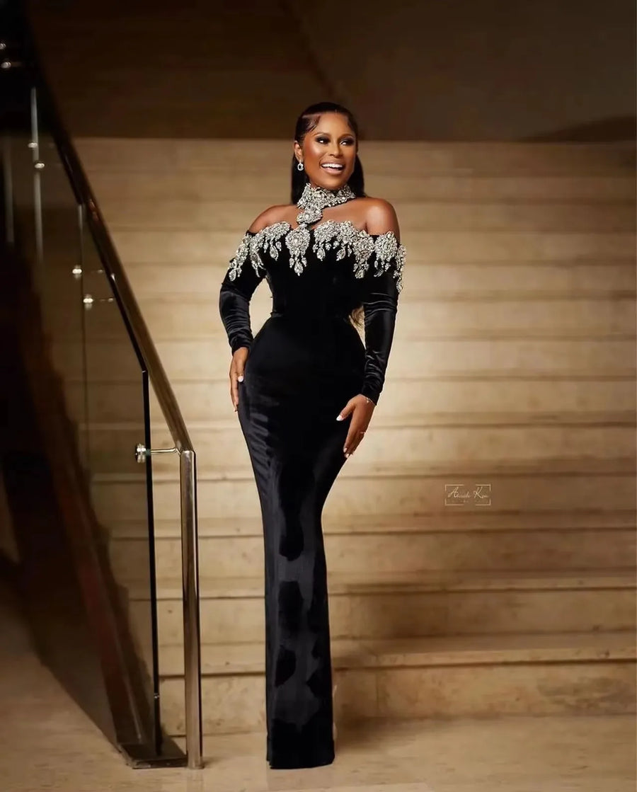 Elegant Velvet Mermaid Ball Dress Crystal Luxury Long Sleeve High Neck Formal Evening Dress African Women's Party GownCustomized