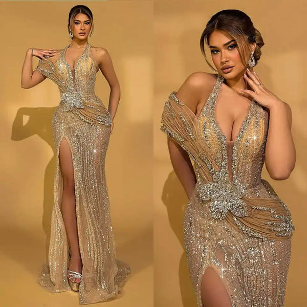 Glitter Side Slit Prom Dresses Luxury Sequined Crystal Evening Dress Customized Floor Length Applique Celebrity Party Gown