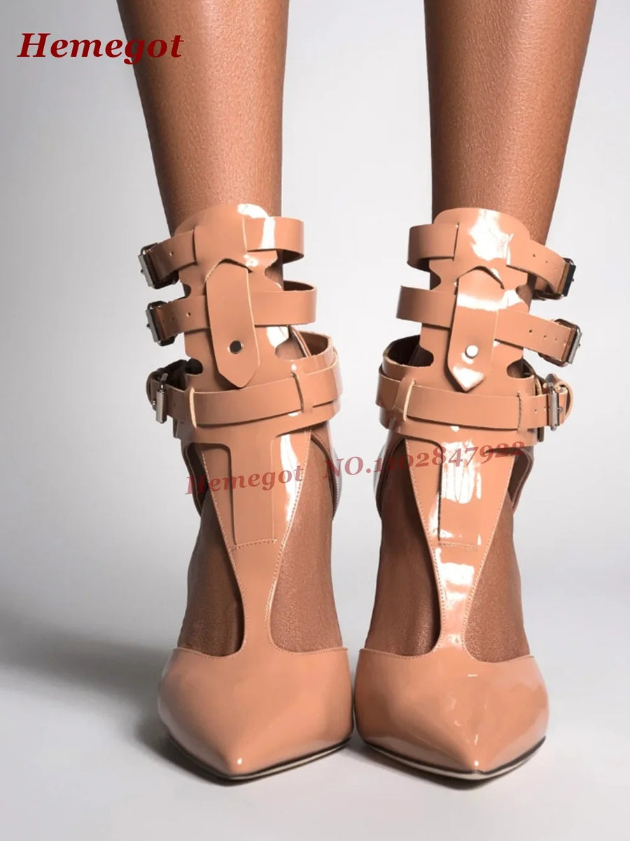 Black T-Straps Glossy Buckled Sandals Pointy Toe Thin Heels Cut Out Women's Sandals Patent Leather Solid Luxury Party Shoes Sexy