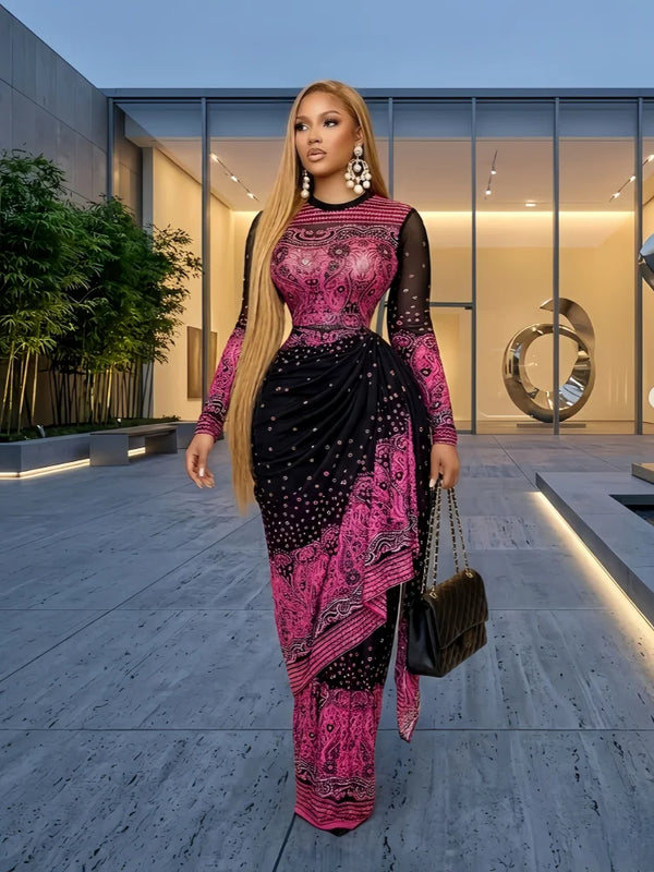 Women Tie Dye Printed Stacked Ruched Long Sleeve Midi Bodycon Maxi Long Dress Birthday Party Education Trendy Dresses