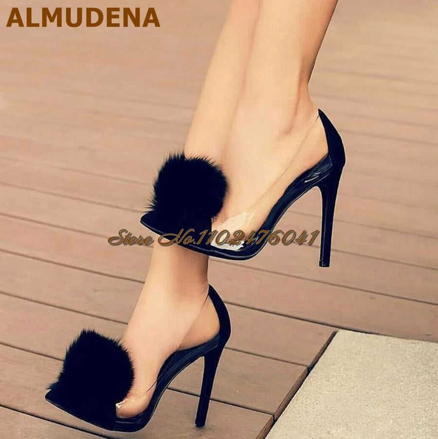 Olive Green Velvet Pom Pom High Heel Pumps Clear PVC Stiletto Heels Dress Shoes Fluffy Fur Wedding Shoes Size46
