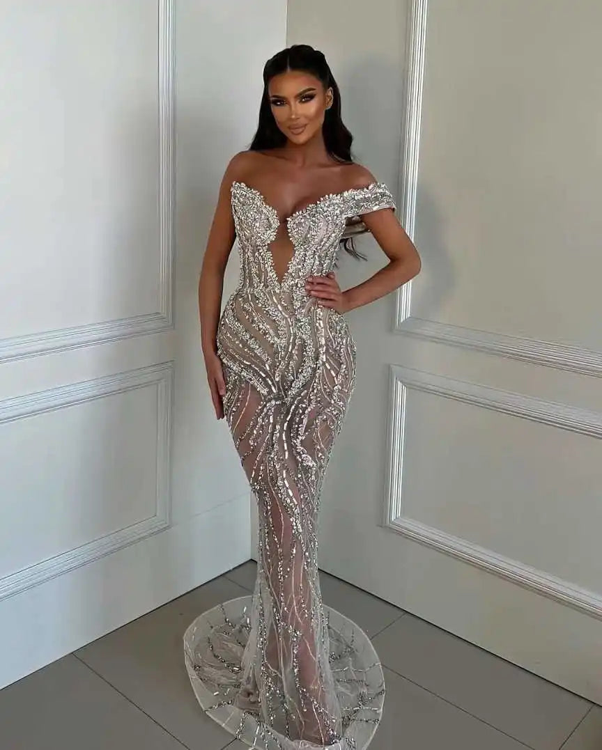 Luxurious One Shoulder Evening Dresses Customized Sexy Crystal Sleeveless Prom Dress Sequined Floor Length Party Gown