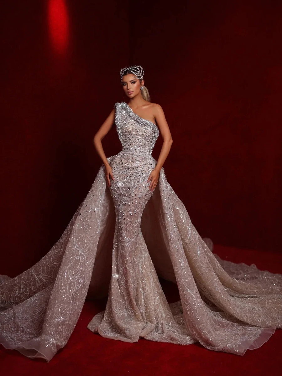 Luxury One Shoulder Mermaid Wedding Dress Elegant Sequined Rhinestone Bridal Gown Detachable Train Bride Dresses Customized